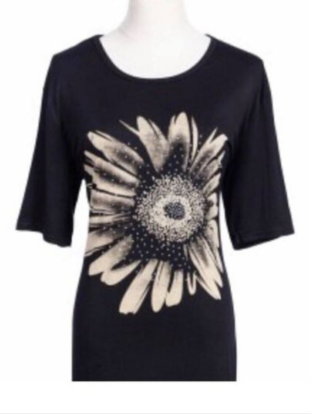 TRÏBE Sunflower Print Black 3/4 Sleeve Cotton Tee With Rhinestone Detail Size OS